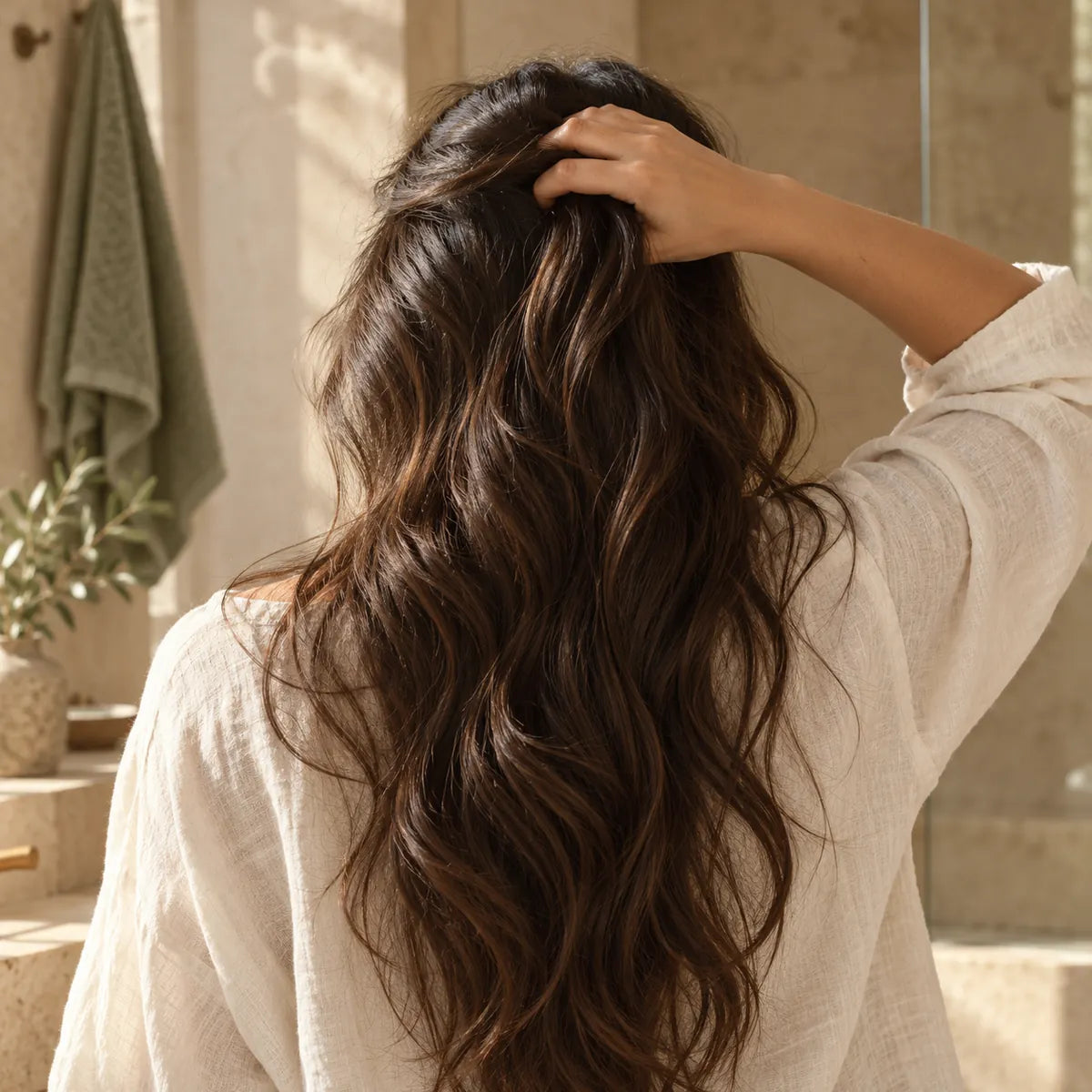 Close-up of a woman caring for her hair as part of her daily routine