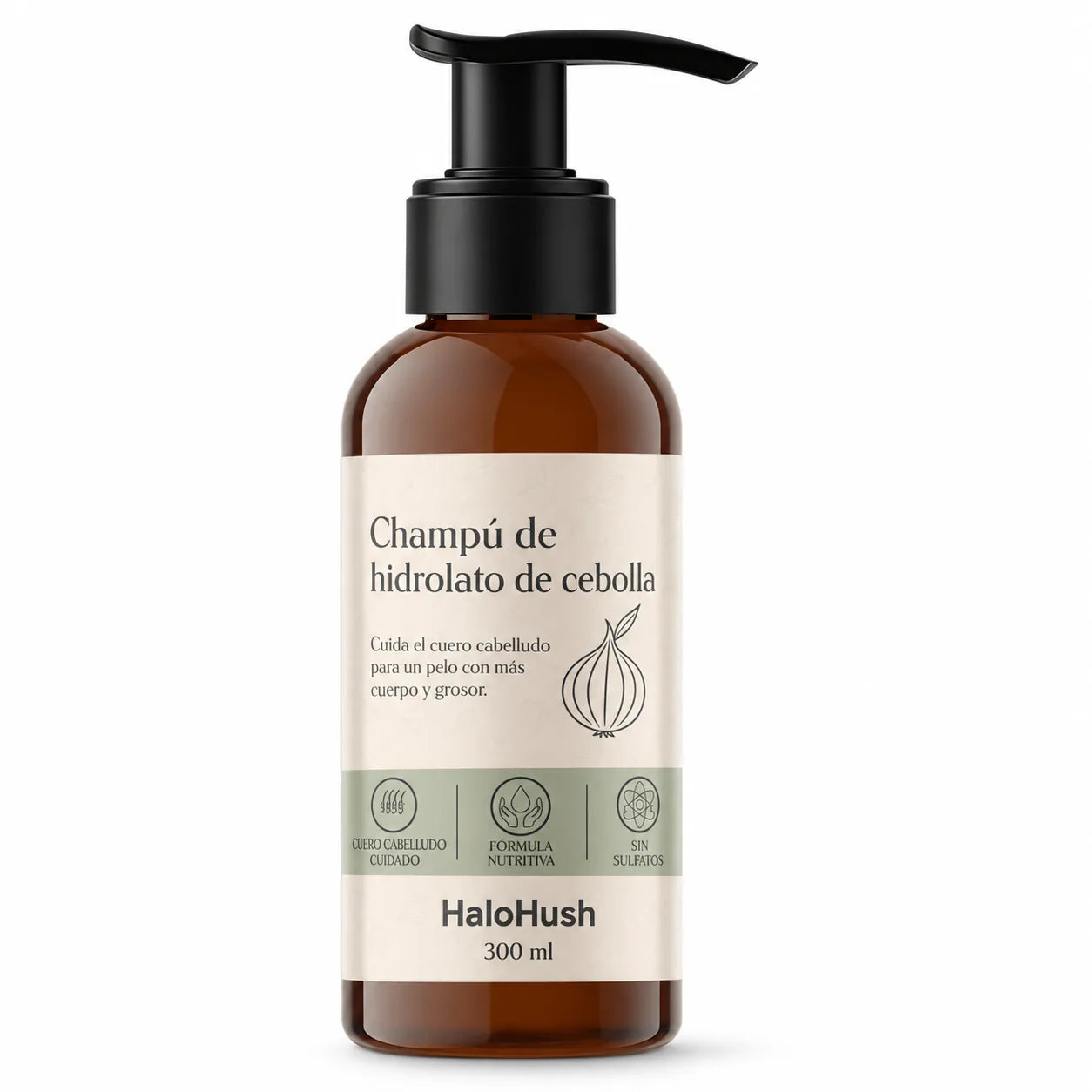 Champú de hidrolato de cebolla HaloHush de 300 ml en fondo de estudio
