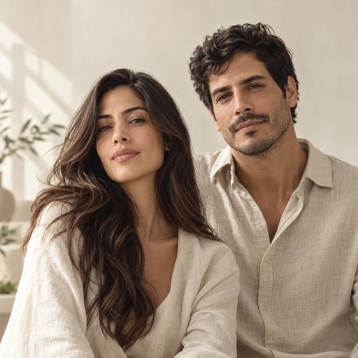A woman and a man in an editorial hair care photo