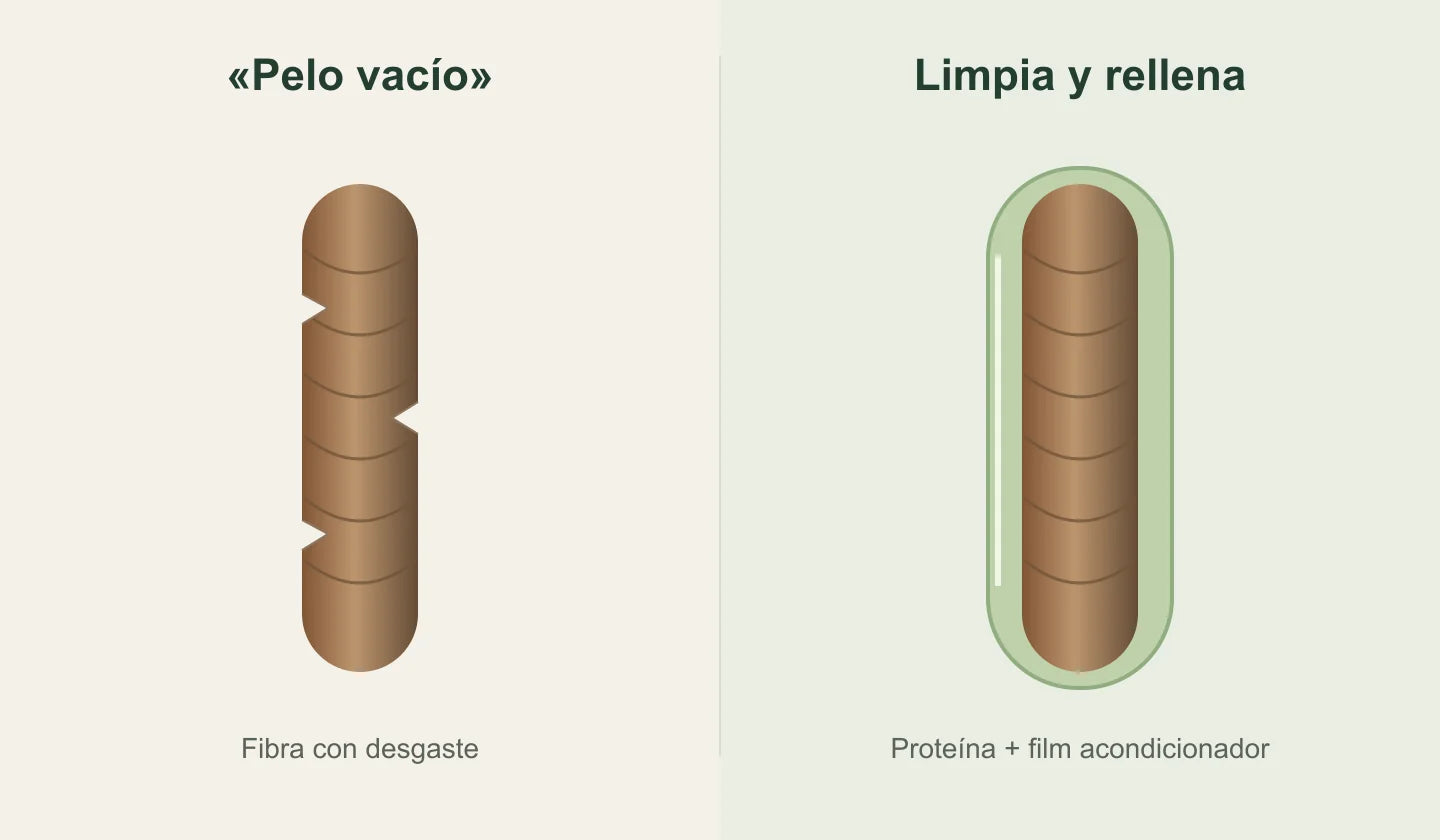 Ilustración conceptual de fibra desgastada y fibra con proteína y film acondicionador