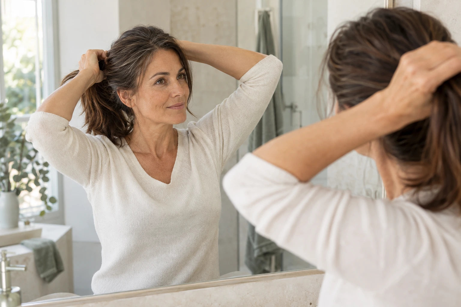Escena editorial de una mujer ante el espejo recogiendo su coleta