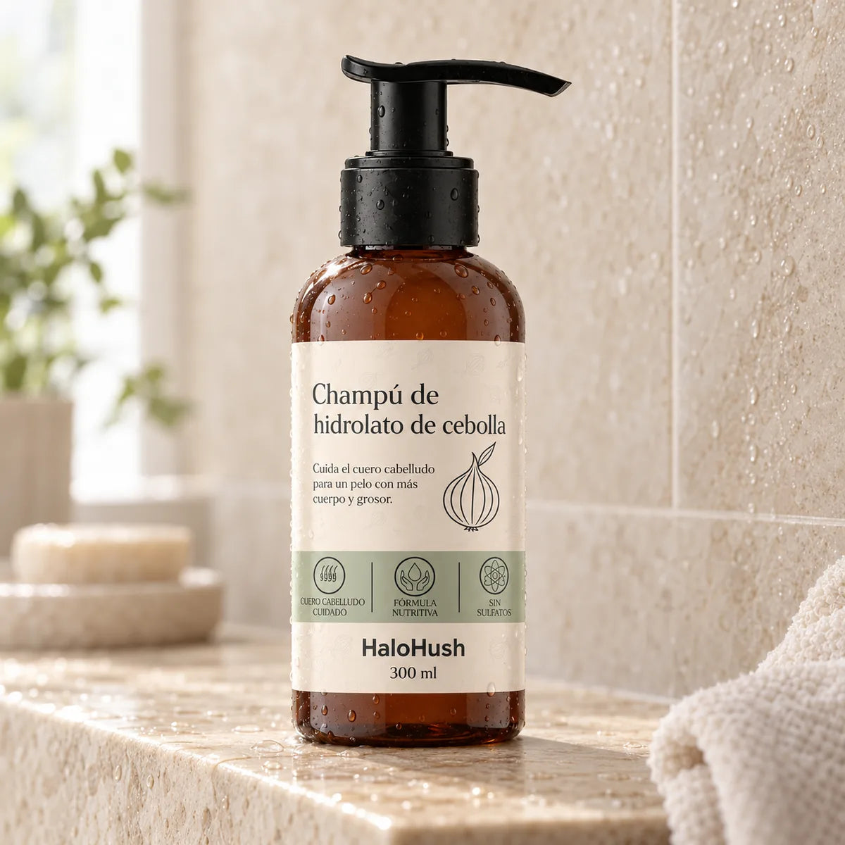 Champú HaloHush sobre una repisa de baño con gotas de agua y luz natural